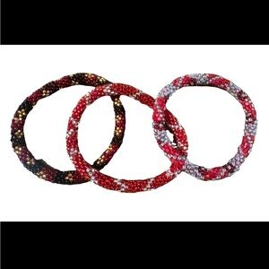 Set of 3 Glass Seed Bead Roll-On Stretch Bracelets Red Silver Black Gold